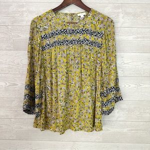 J. Jill Yellow Floral Peasant Blouse S Lightweight Rayon